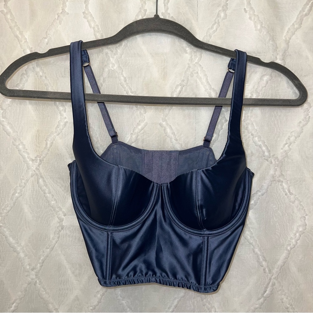 Victoria’s Secret Blue Satin Bustier Bra Top w/ Lace Back and Boning | Size 34B